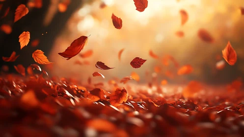 Red autumn leaves swirling over a forest floor in wind
