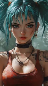 Fierce teal-haired rebel with scars and quiet confidence.