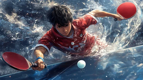 Tidal spin shot: table tennis warrior carved from waves.