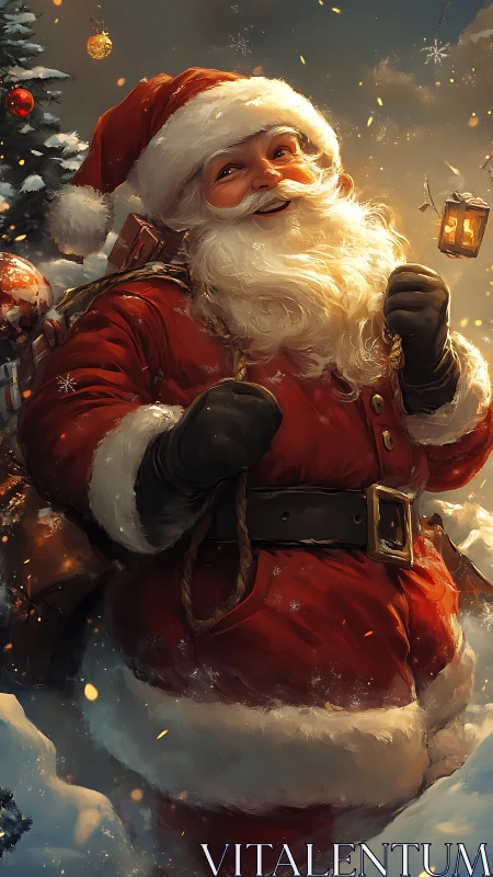 Santa in glowing winter snowfall with lantern-lit joy.