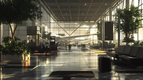 Sunlit airport concourse waits as a lone suitcase listens