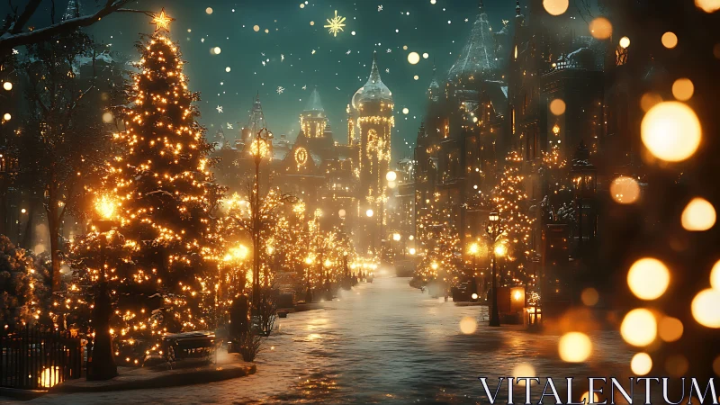 Snowy city street glows under golden Christmas lights.
