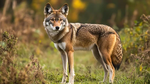 Golden coyote poised in autumn meadow, alert and luminous.