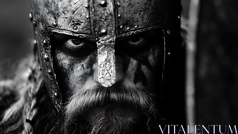 Steel-clad Viking warrior portrait in stark monochrome focus.