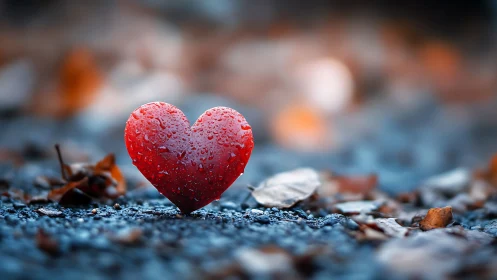 Red Heart on Gravel Ground Glistening with Water Droplets.