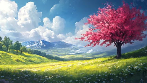 Spring meadow welcomes a bright pink tree under soft clouds