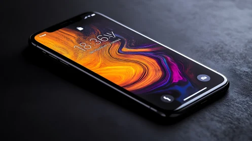 Smartphone displaying abstract liquid wallpaper.