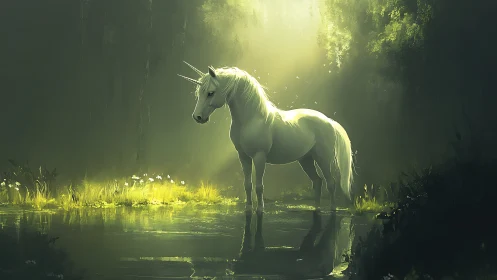 Moonlit unicorn halts in hush of emerald forest pool.