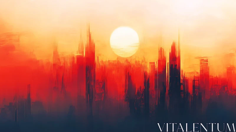 Radiant sun settles over a dreamlike crimson city skyline