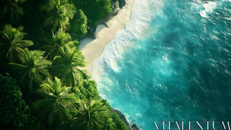 Tropical Coastline: Palm-Fringed Beach Meeting Turquoise Ocean Waves.