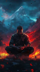 Warrior finds quiet strength amid firelit mountain storm