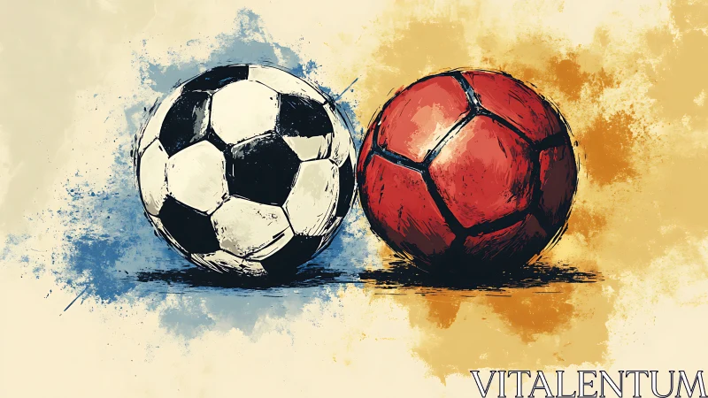 Two soccer balls rendered with textured digital brushwork