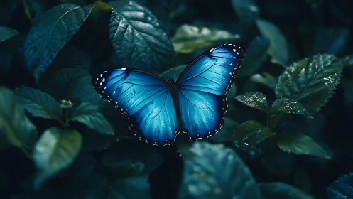 Blue butterfly resting on dark green foliage surface.