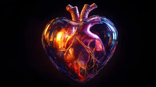 Futuristic Glass Heart with Vivid Lighting and Vascular Details.