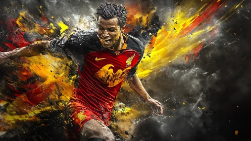 Soccer player in red kit bursts through abstract fiery smoke