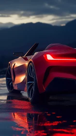 Red sports convertible stands on wet asphalt at dusk