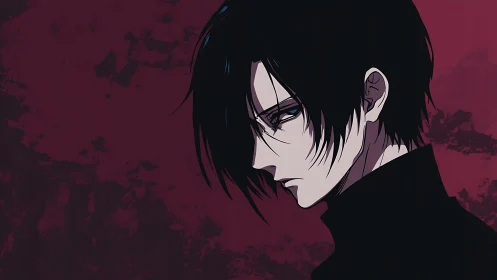 Shadowed profile studies sorrow in a wine-red silence