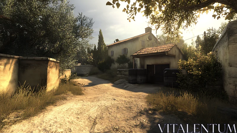 Sunlit rural lane beside weathered house and garage.