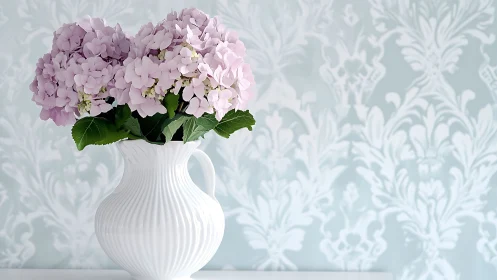 Hydrangea blooms displayed in ribbed ceramic vase against patterned wall