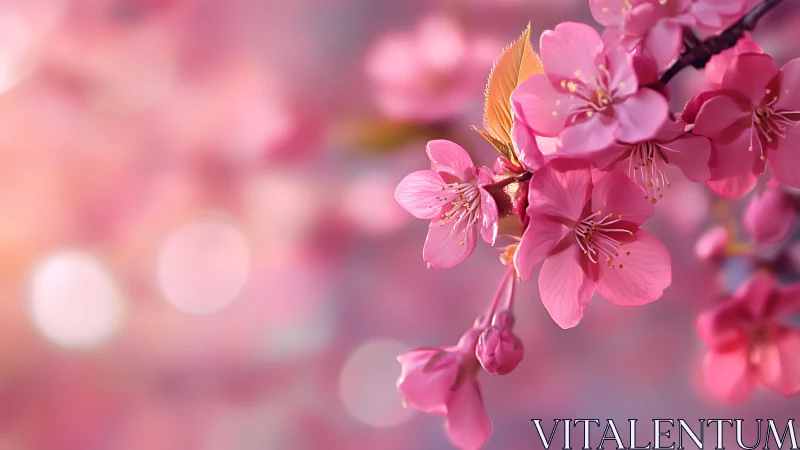 Pink cherry blossoms with golden butterfly perched on delicate branch.