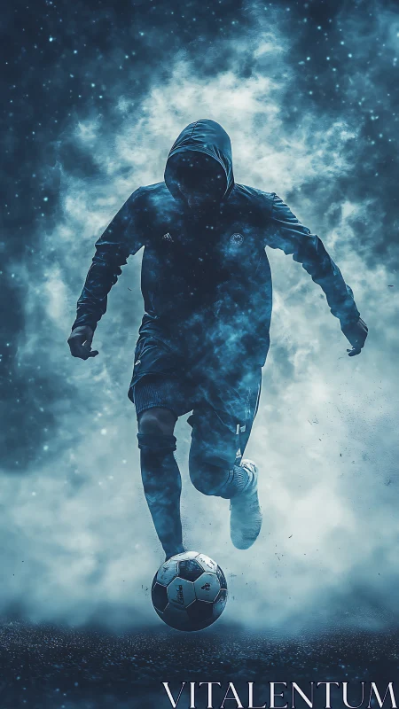 Hooded soccer player dribbles ball through dense blue mist