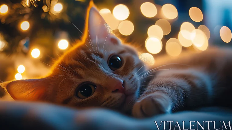 Curious Cat Among Golden Bokeh Lights.