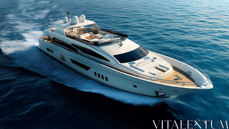 Luxury motor yacht cuts diagonally across sunlit open sea