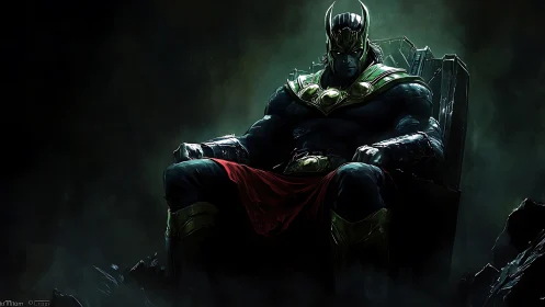 Dark throne warrior in dramatic chiaroscuro digital painting.