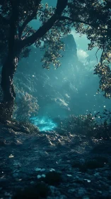 Enchanted Forest Grotto with Luminescent Atmosphere and Mountain Vista