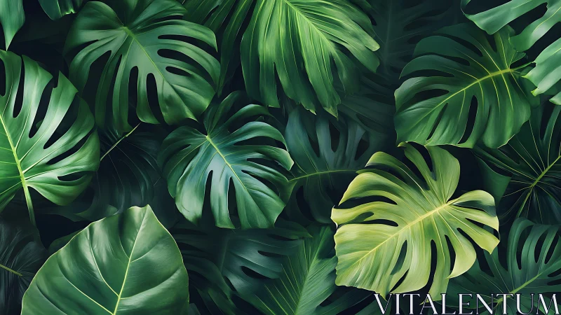 Monstera and tropical foliage pattern in rich green tones.