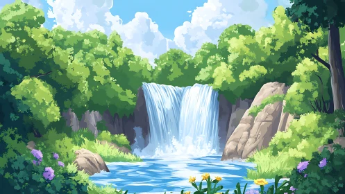 Waterfall flows into clear pool between dense green trees