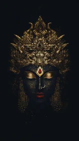 Gilded celestial goddess face glows against deep black void.