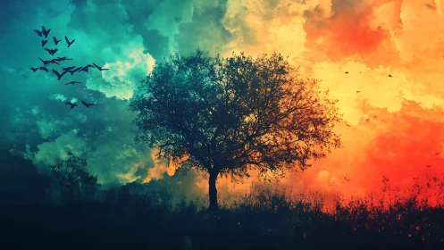Silhouette tree divides teal dusk and fiery sunrise sky.