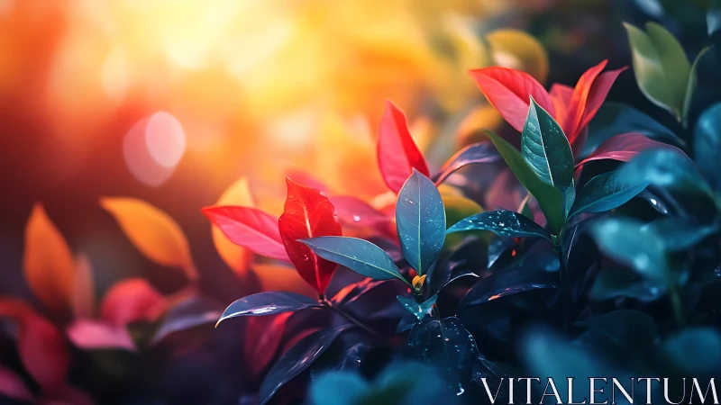 Colorful plant leaves catch warm backlight in shallow focus.