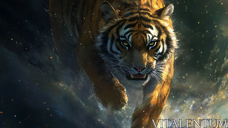 Tiger moves forward through abstract illuminated water field