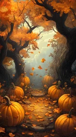 Pumpkin-lined forest path with twisted trees in autumn light.