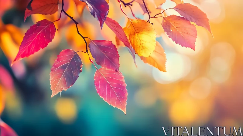 Autumn leaves glow with vibrant bokeh and soft backlight.