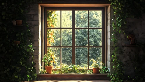Sunlit forest window quietly turns vines into soft gold