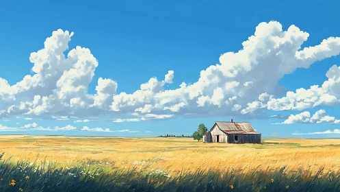 Weathered farmhouse rests under vast summer prairie sky