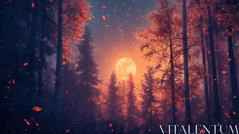 Luminous Harvest Moon Through Enchanted Forest Canopy.