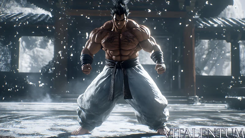 Snow lit martial artist in tense fighting stance, 3D render.