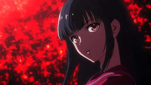 Dark-haired anime girl before blazing crimson void.
