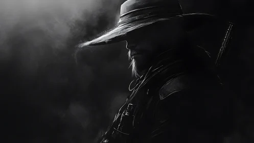Shadowed gunslinger in dramatic monochrome side profile.