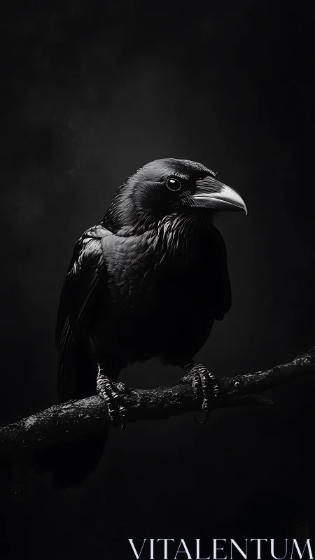 Raven Portrait Against Dark Background in High Contrast Black and White
