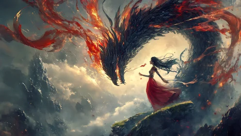 Woman in red commands infernal dragon above storm cliffs.