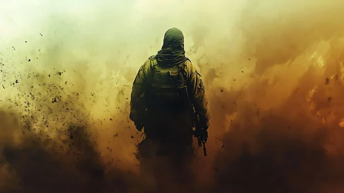 Armed soldier silhouette in dense smoke and dust field.