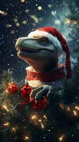 Holiday raptor reigns over twinkling snowlit Christmas boughs.