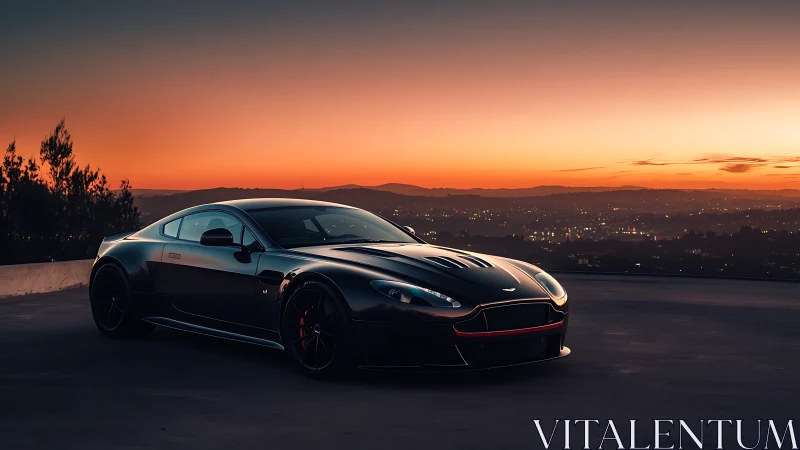 Black sports coupe parked at sunset city overlook.