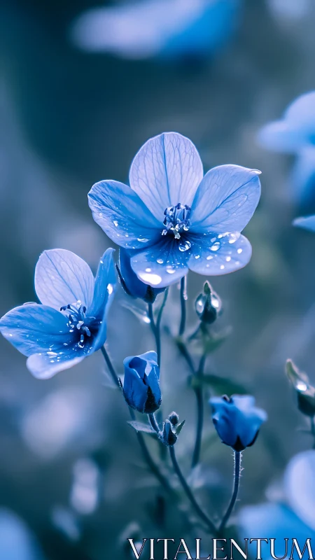 Delicate blue flowers glistening with dewdrops.