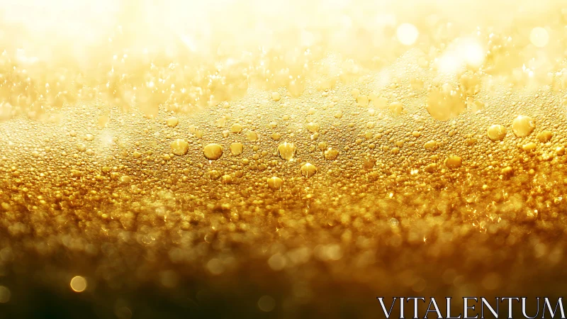 Golden liquid surface shows dense sparkling bubbles layer